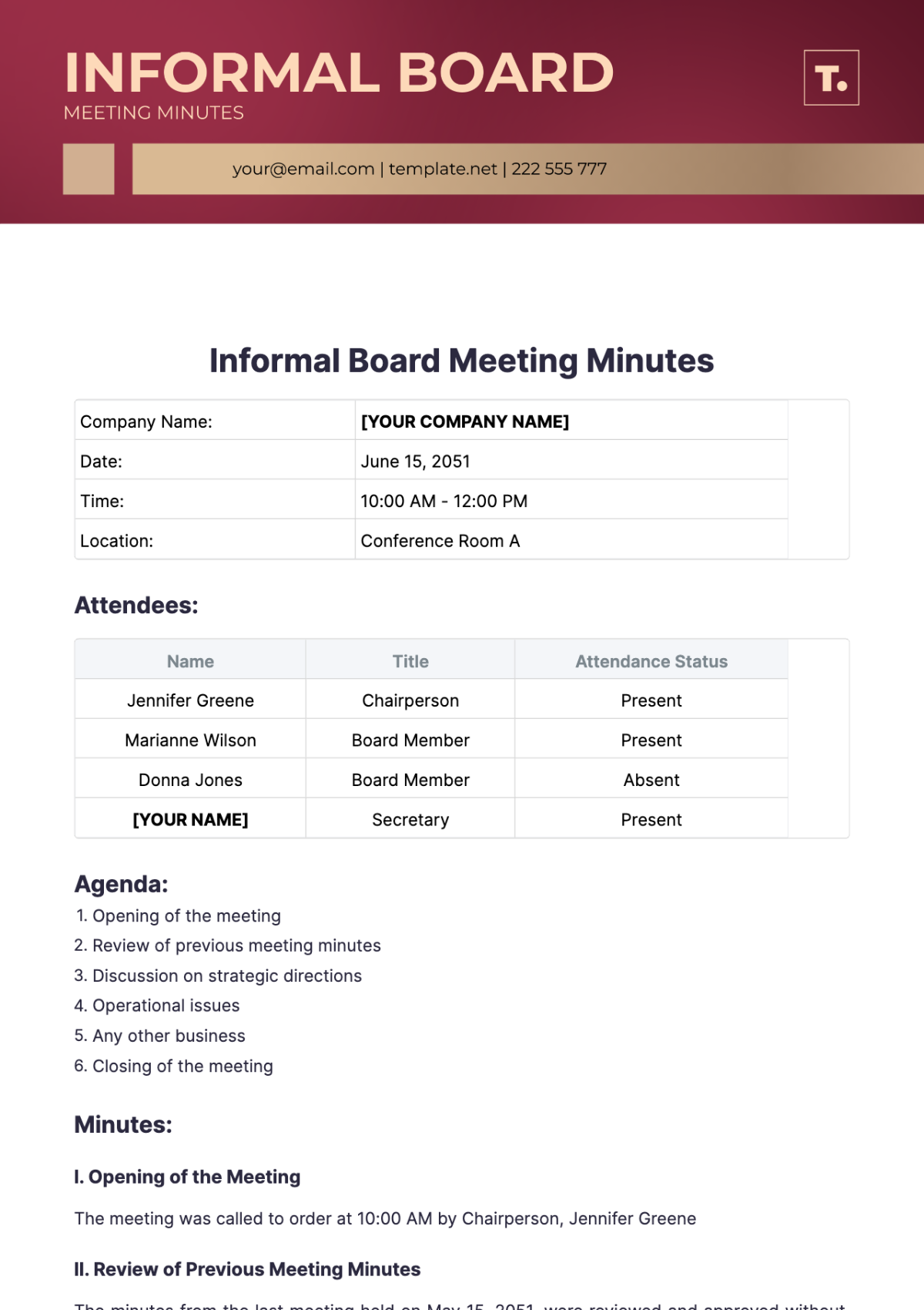 Informal Board Meeting Minutes Template - Edit Online & Download