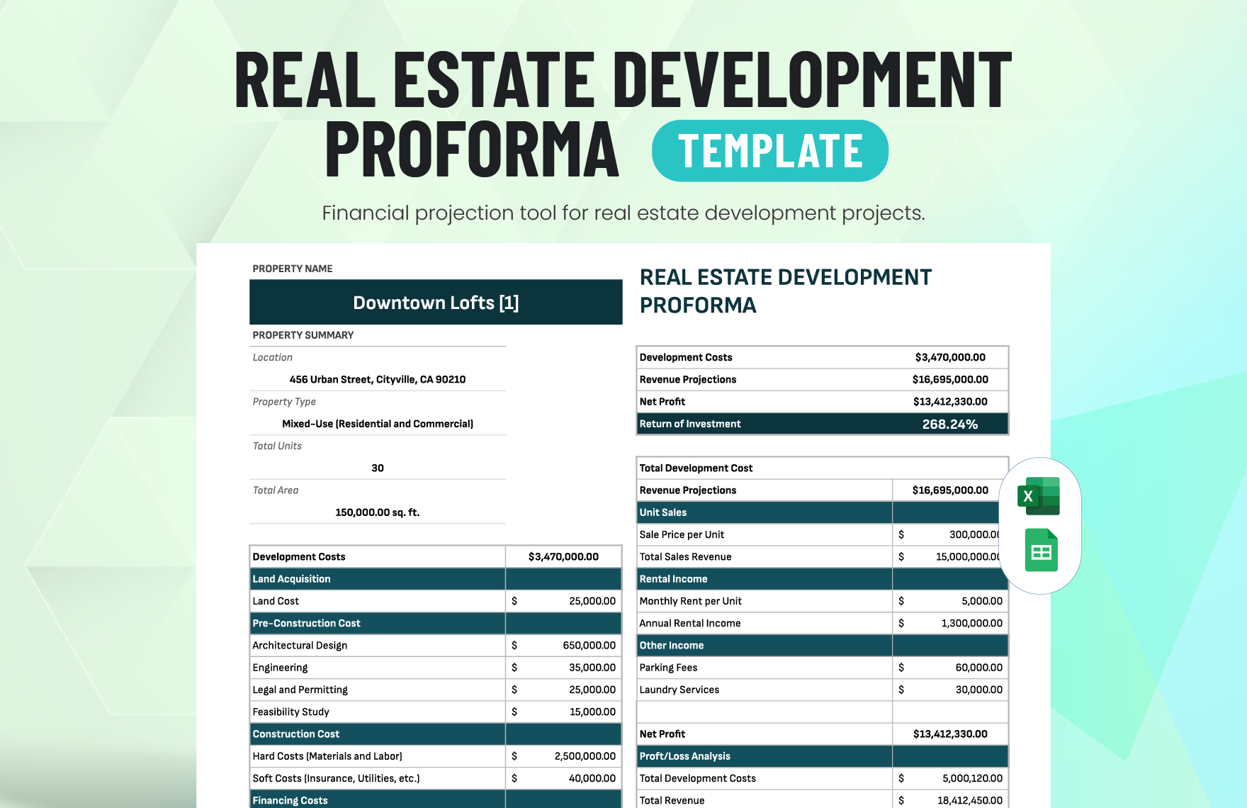 Real Estate Development Proforma Template in Excel, Google Sheets
