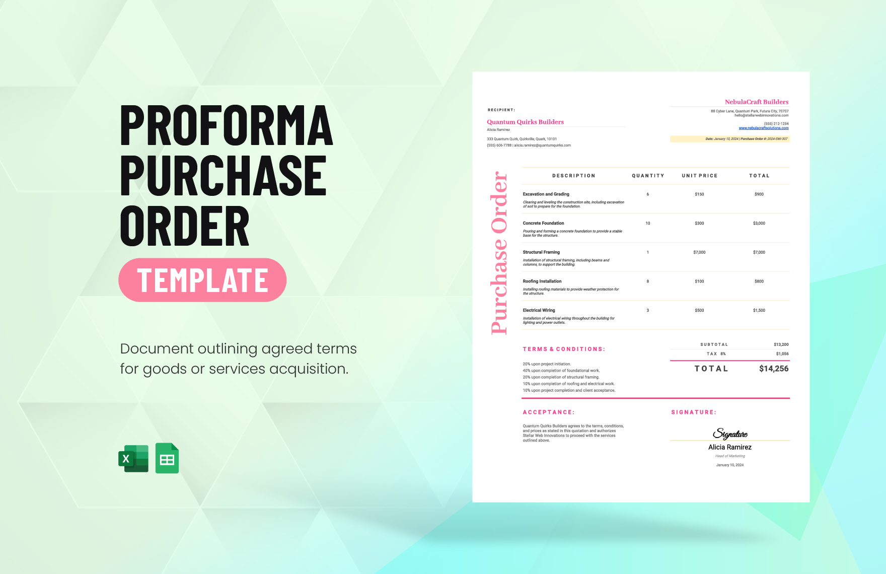 Proforma Purchase Order Template in Excel, Google Sheets