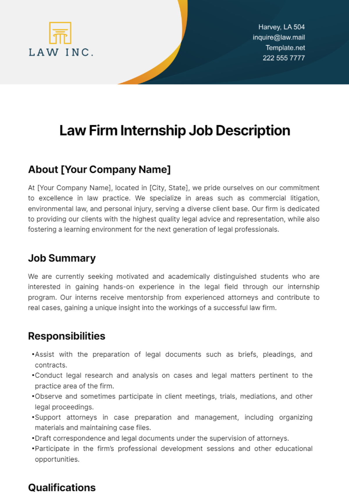 Free Law Firm Internship Job Description Template