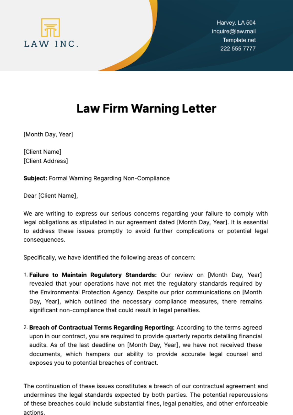 Law Firm Warning Letter Template
