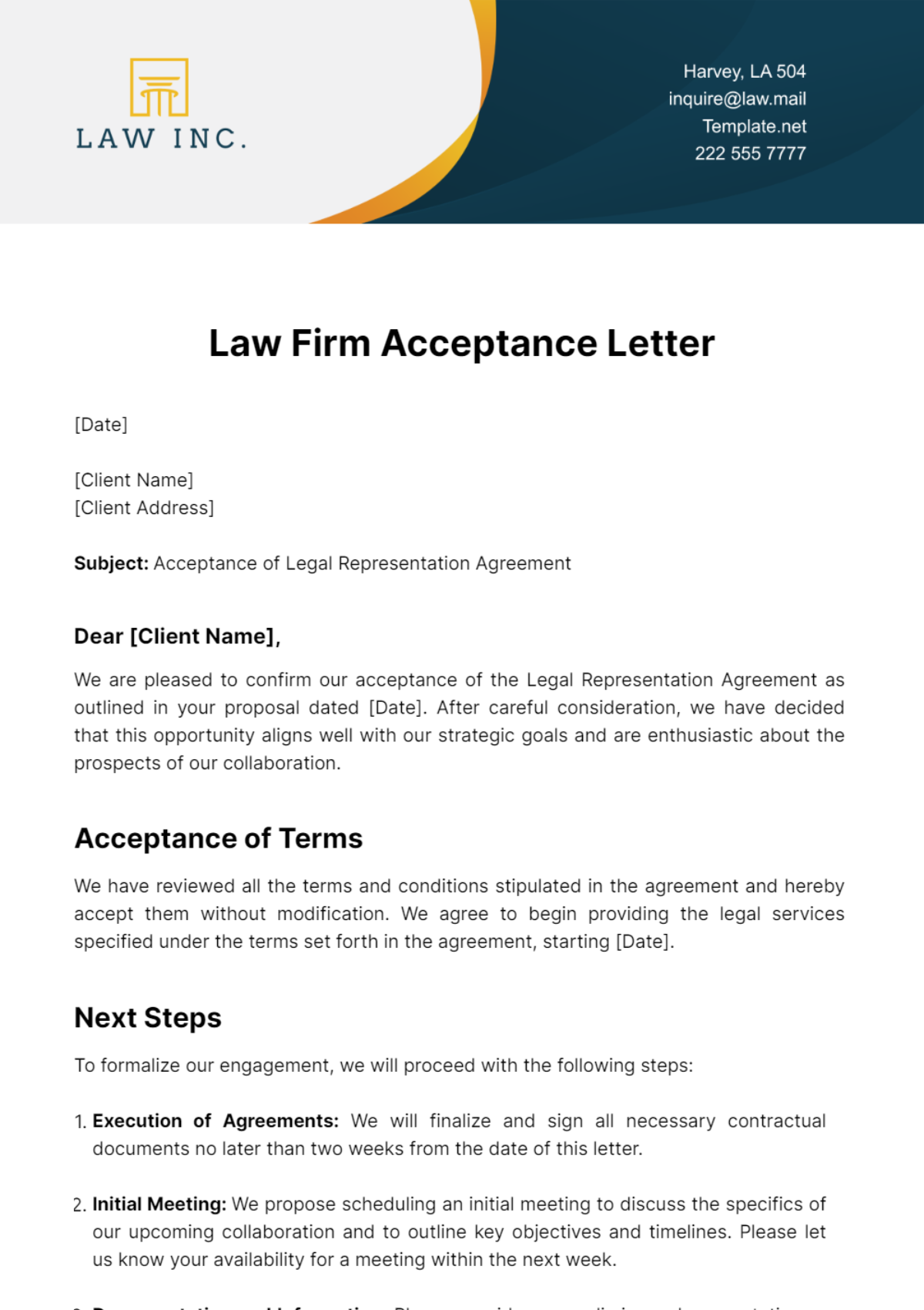 Free Law Firm Acceptance Letter Template