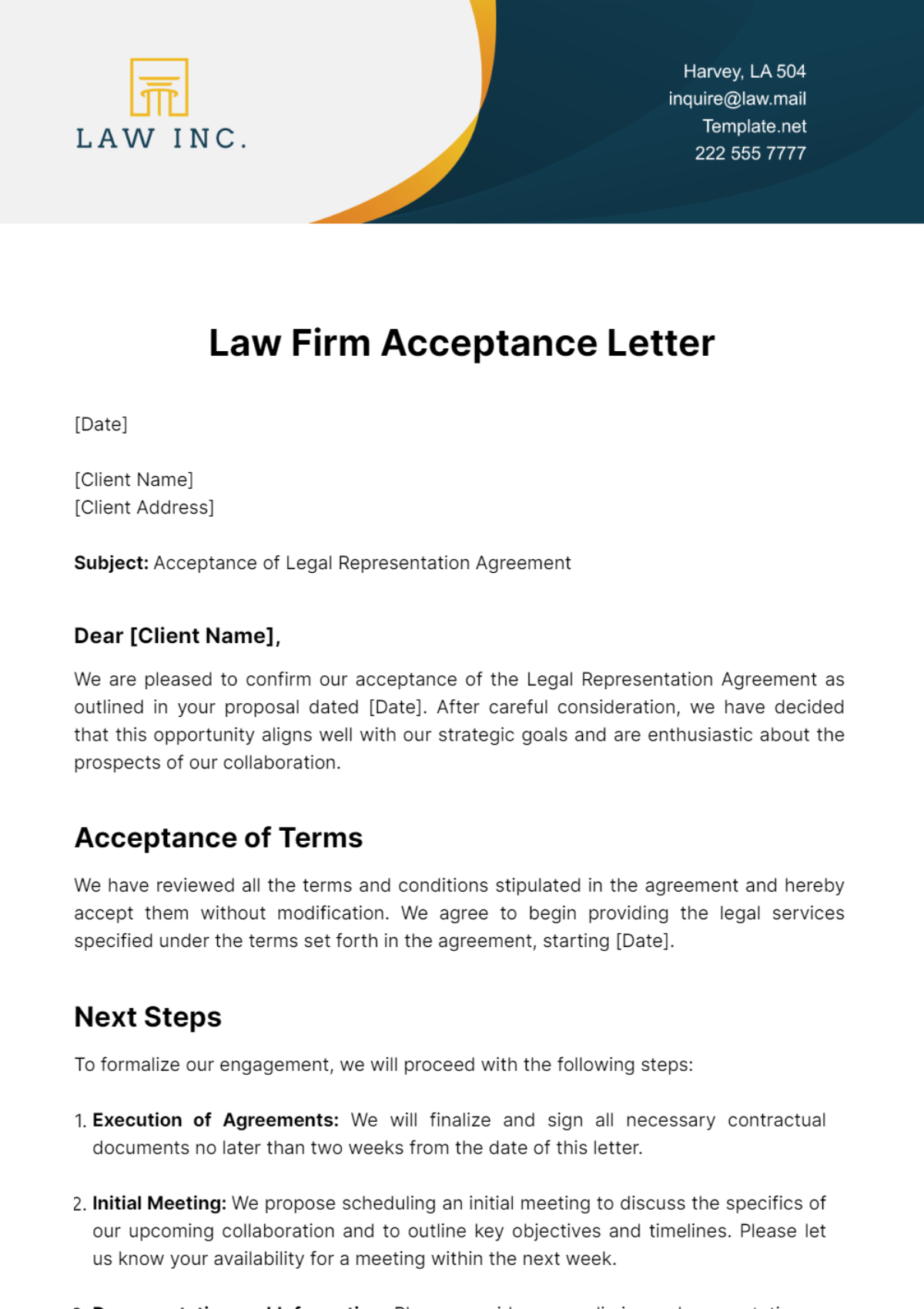 Law Firm Acceptance Letter Template - Edit Online & Download