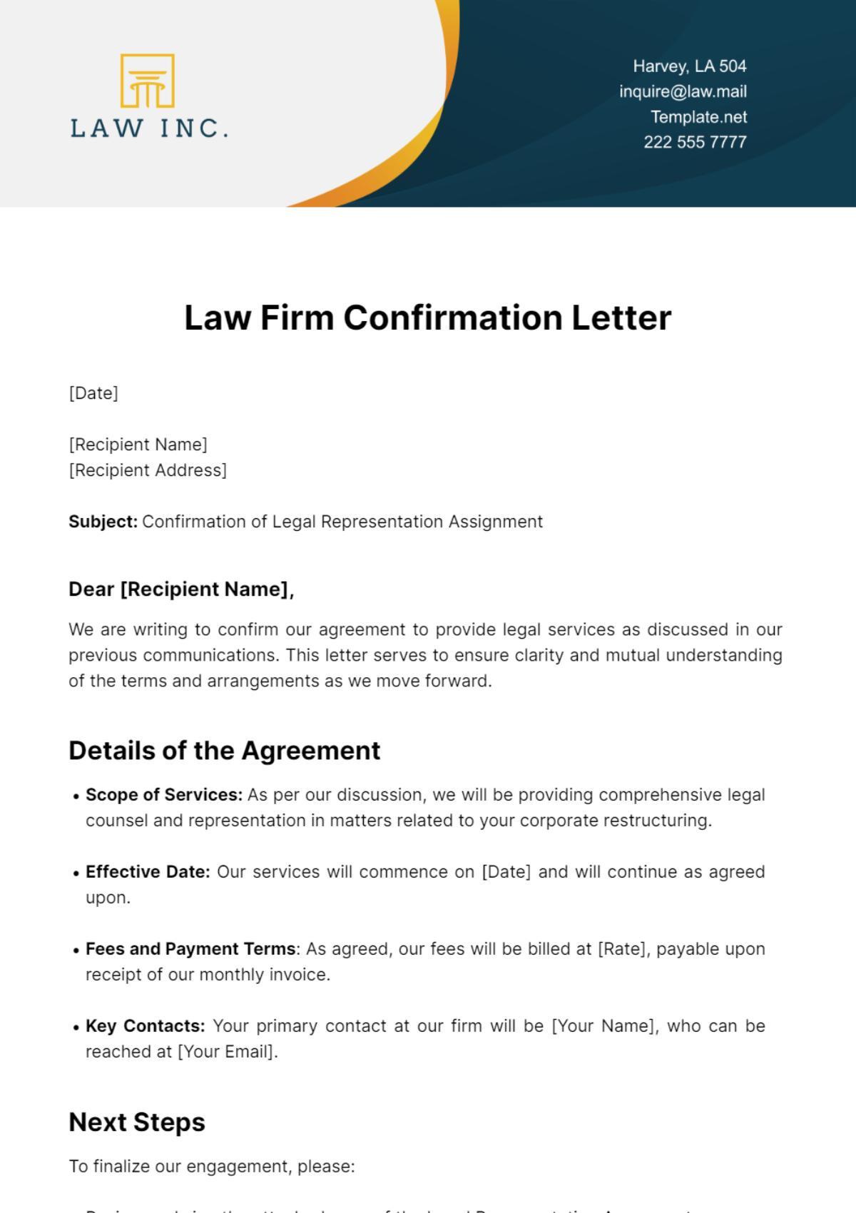 Free Law Firm Confirmation Letter Template