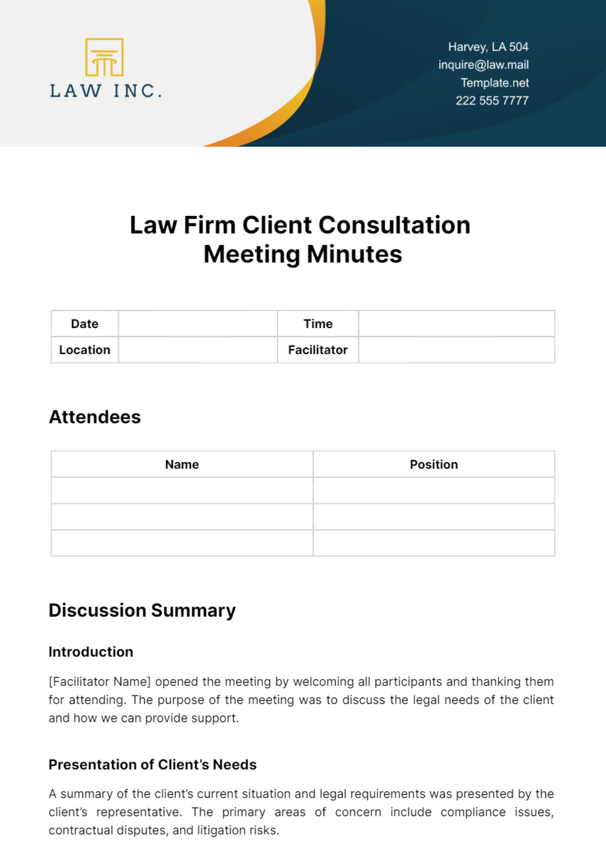 Free Law Firm Client Consultation Meeting Minutes Template