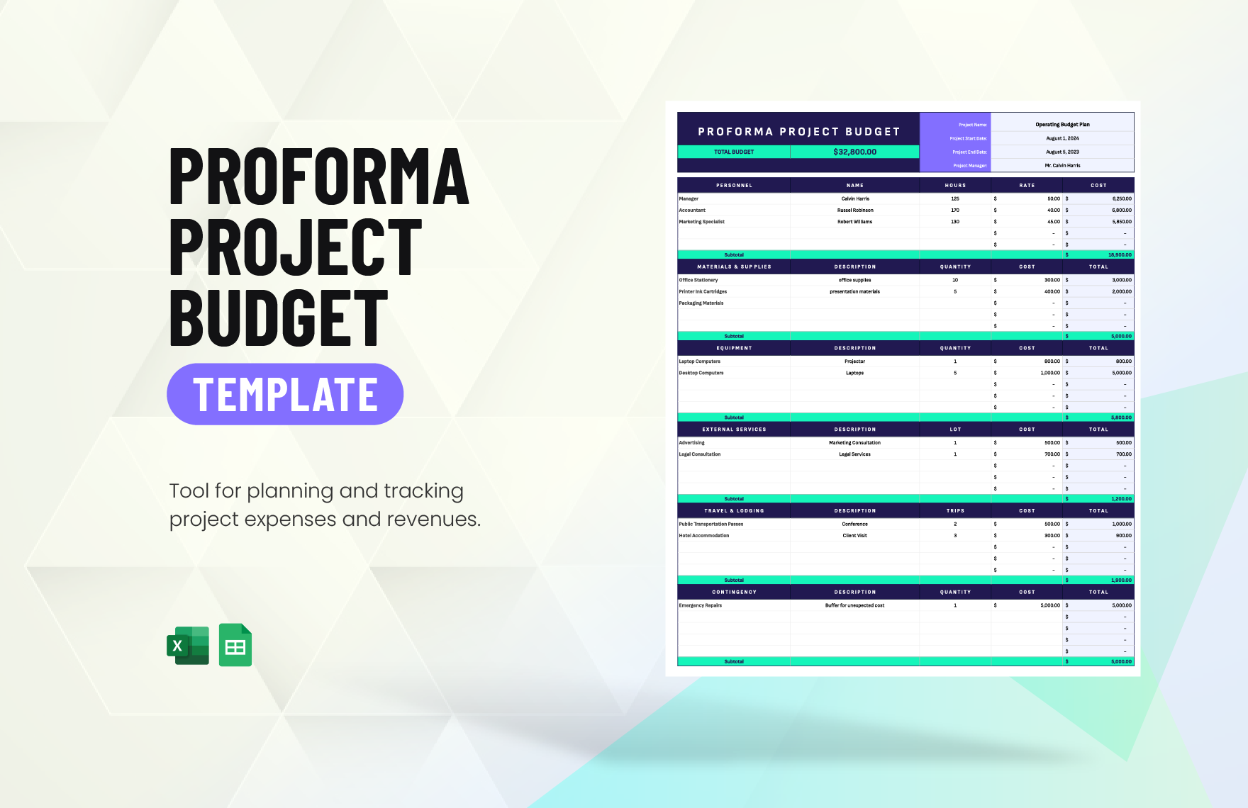 Proforma Project Budget Template in Excel, Google Sheets