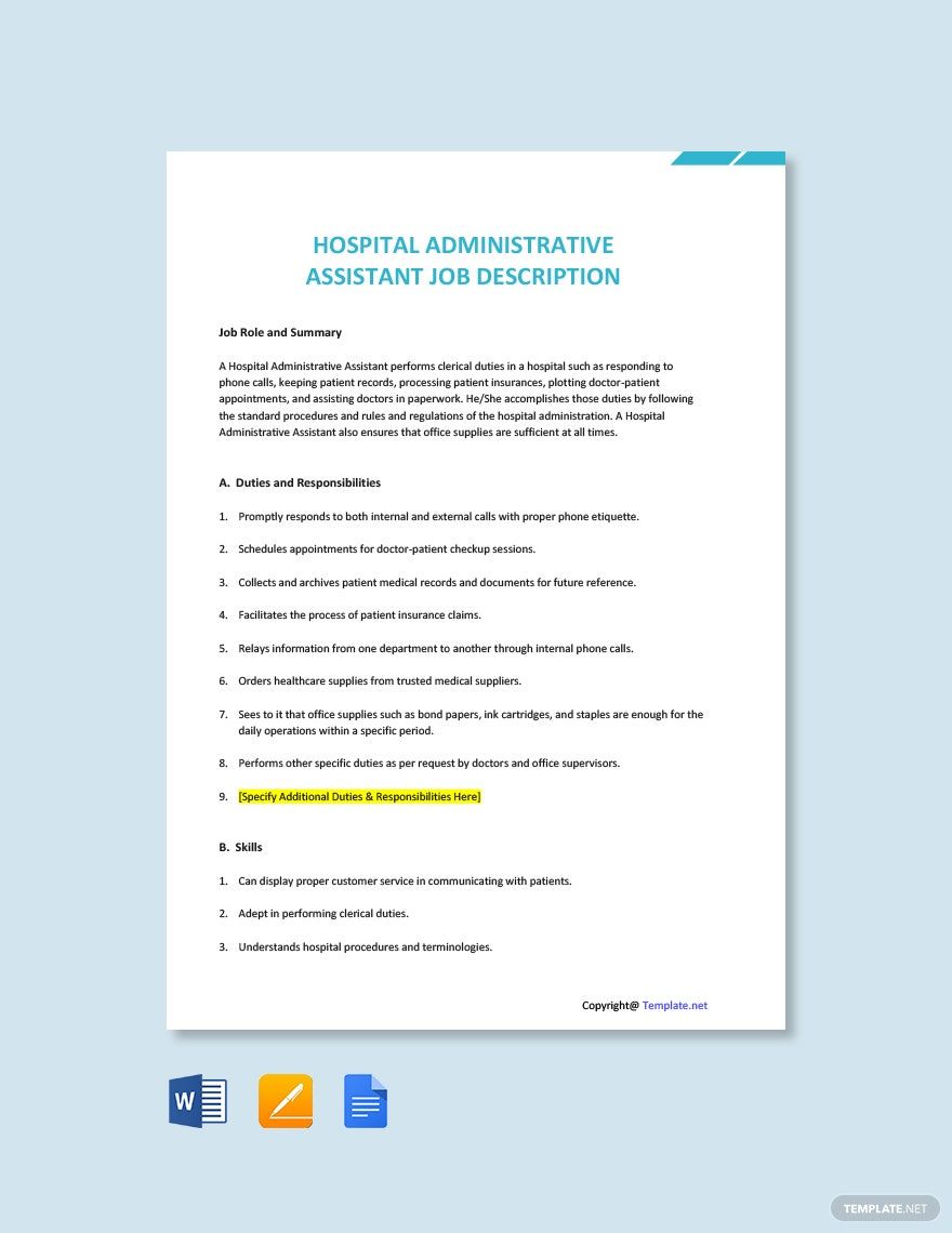 Hospital Administrative Assistant Job Description Template