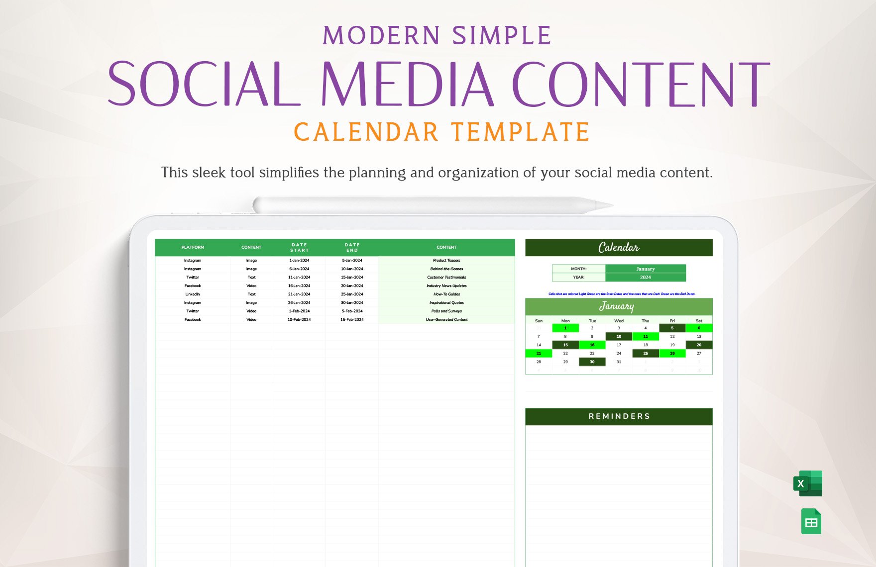 Modern Simple Social Media Content Calendar Template in Excel, Google Sheets