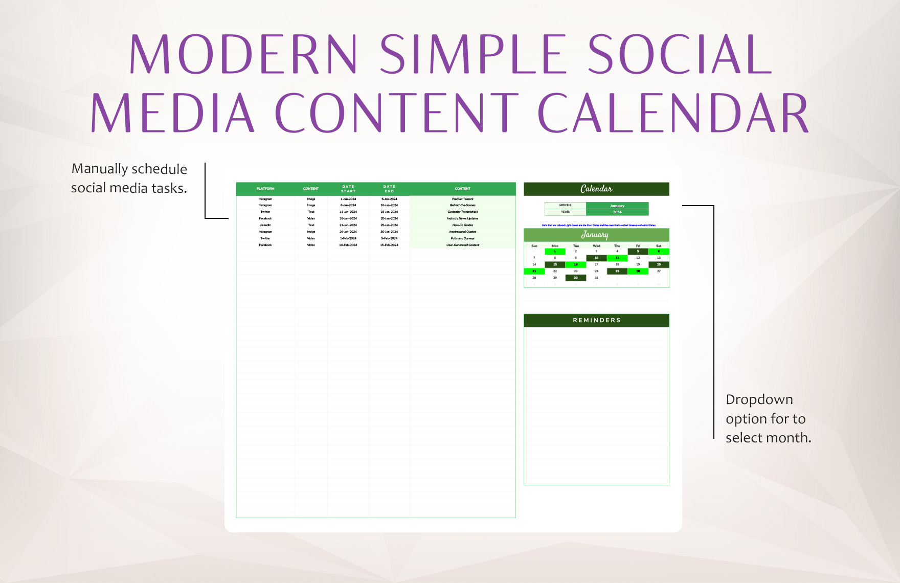 Modern Simple Social Media Content Calendar Template