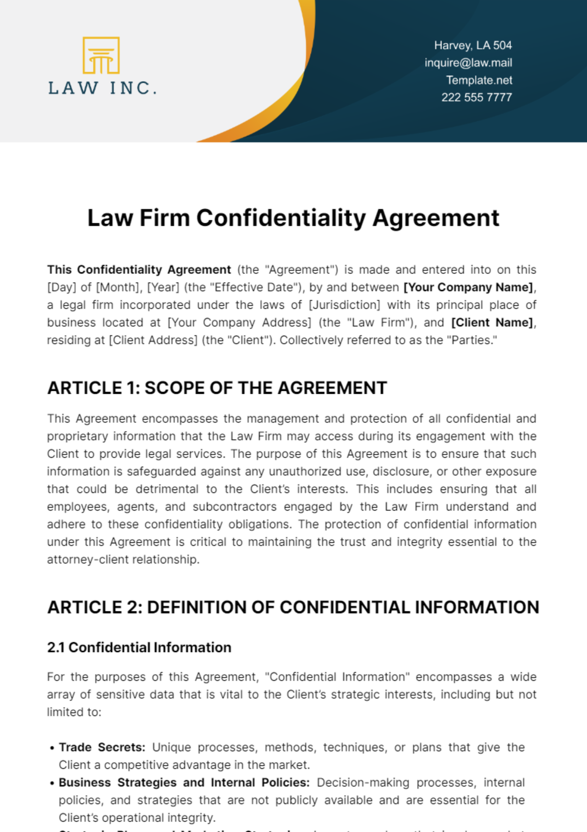 Free Law Firm Confidentiality Agreement Template