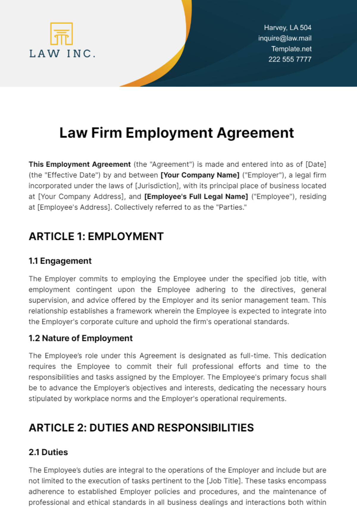 Law Firm Employment Agreement Template