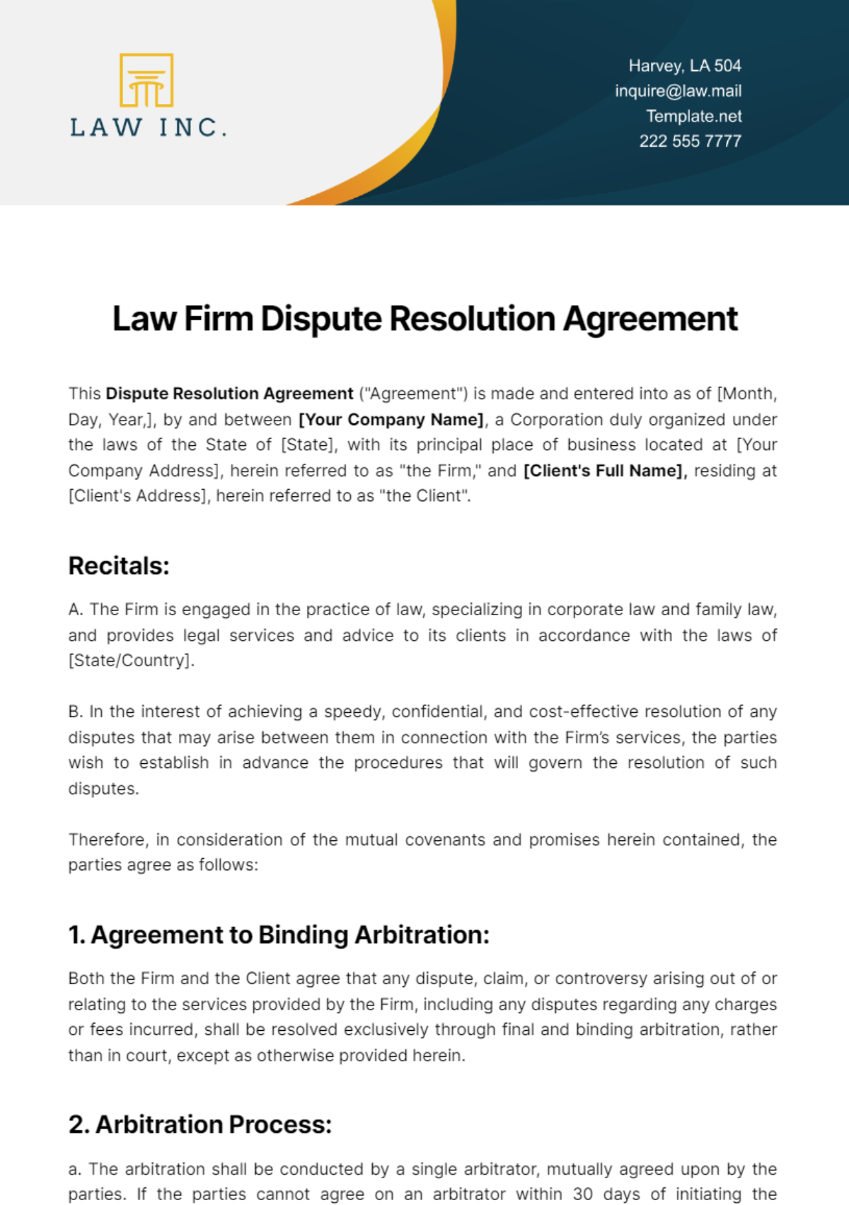 Law Firm Dispute Resolution Agreement Template