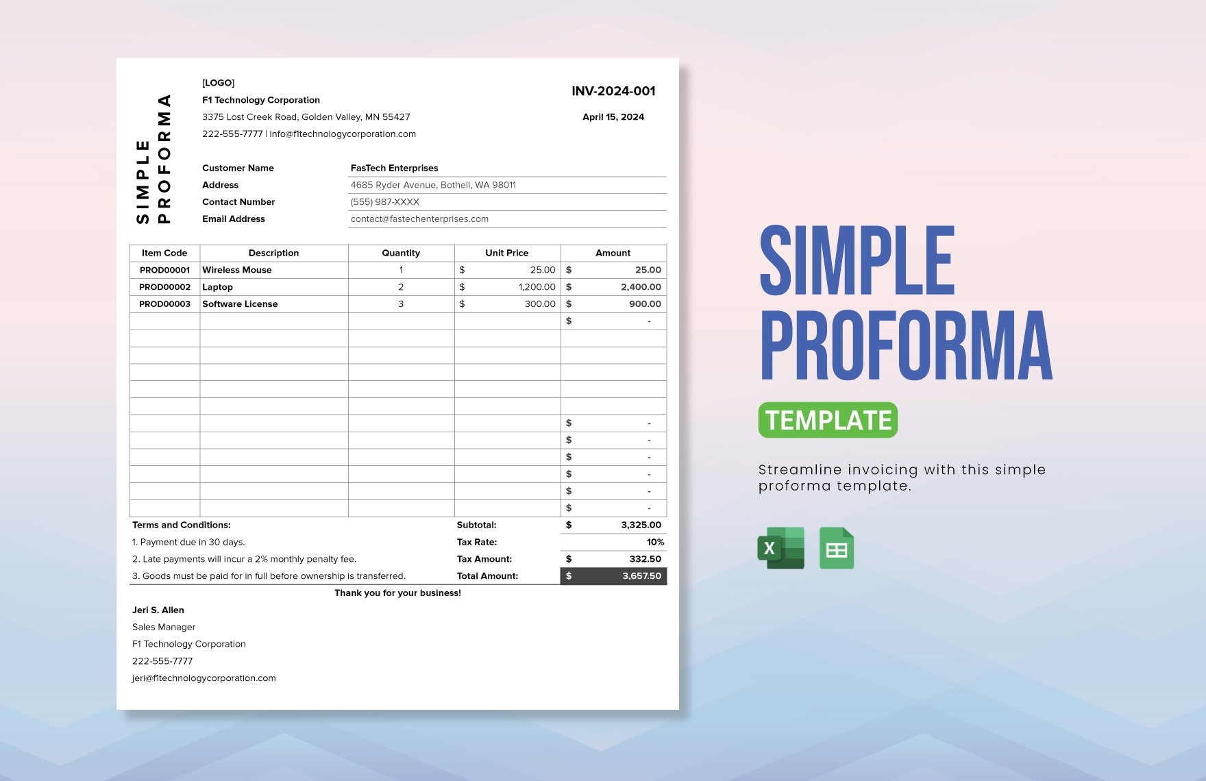 Simple Proforma Template in Excel, Google Sheets