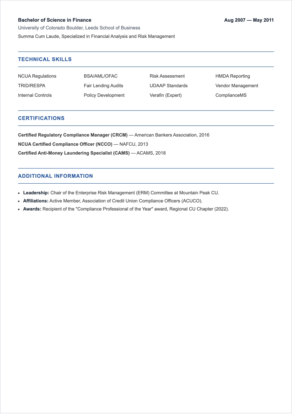Free Credit Union Compliance Officer ATS Resume Template