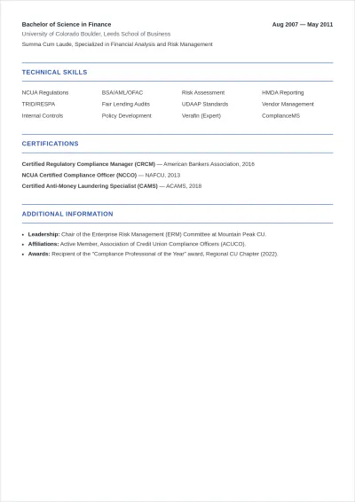Free Credit Union Compliance Officer ATS Resume Template