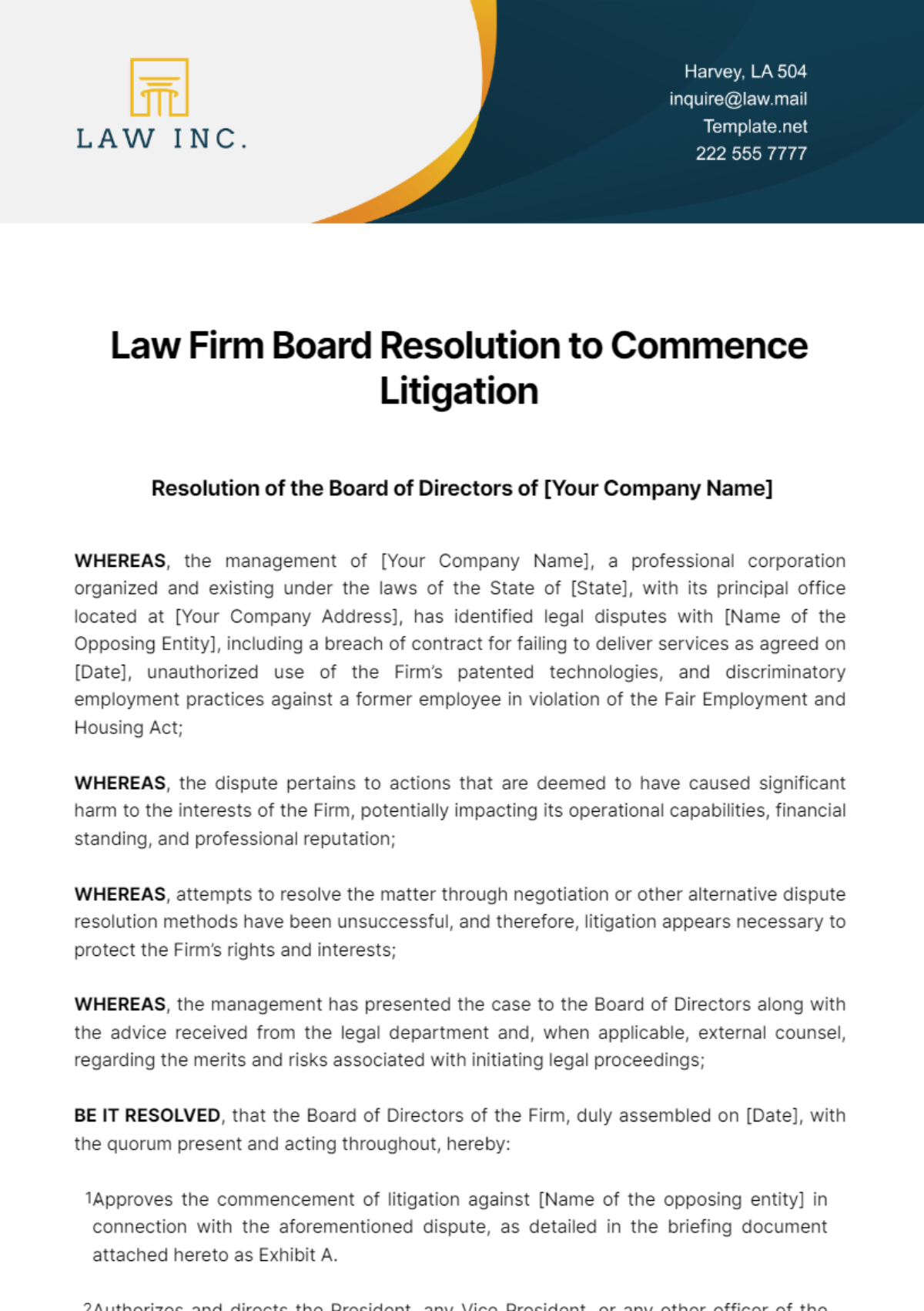 Law Firm Board Resolution to Commence Litigation Template