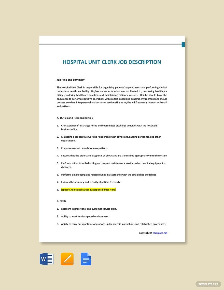 Hospital Unit Clerk Job Ad and Description Template