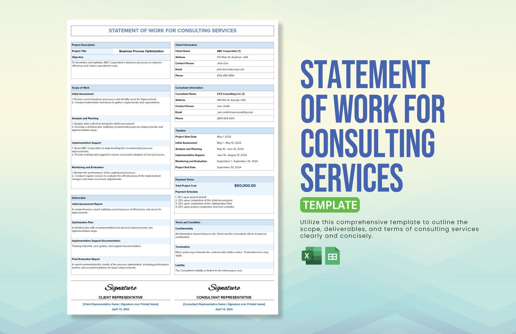 Statement of Work For Consulting Services Template in Excel, Google Sheets