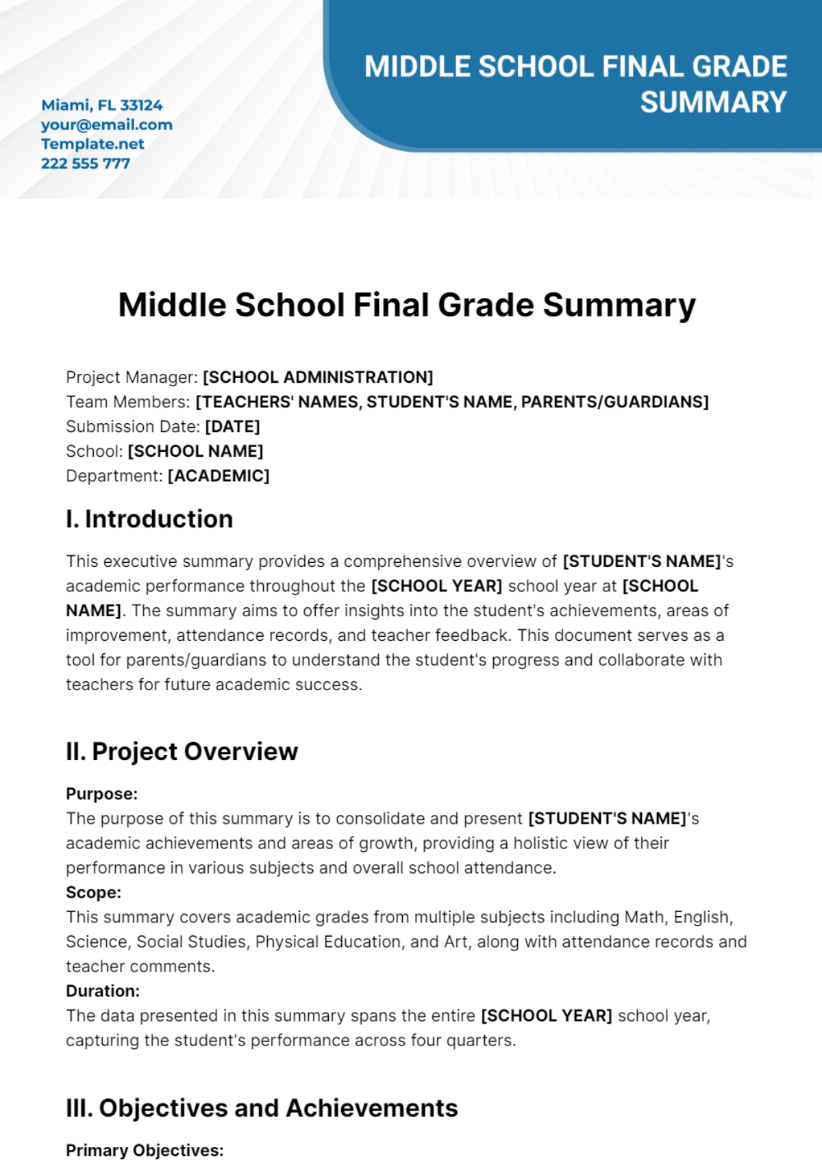Middle School Final Grade Summary Template