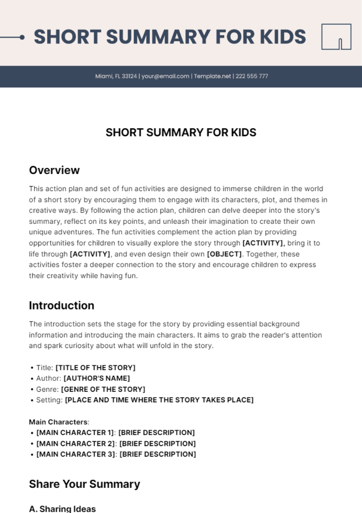 short summary for kids Template