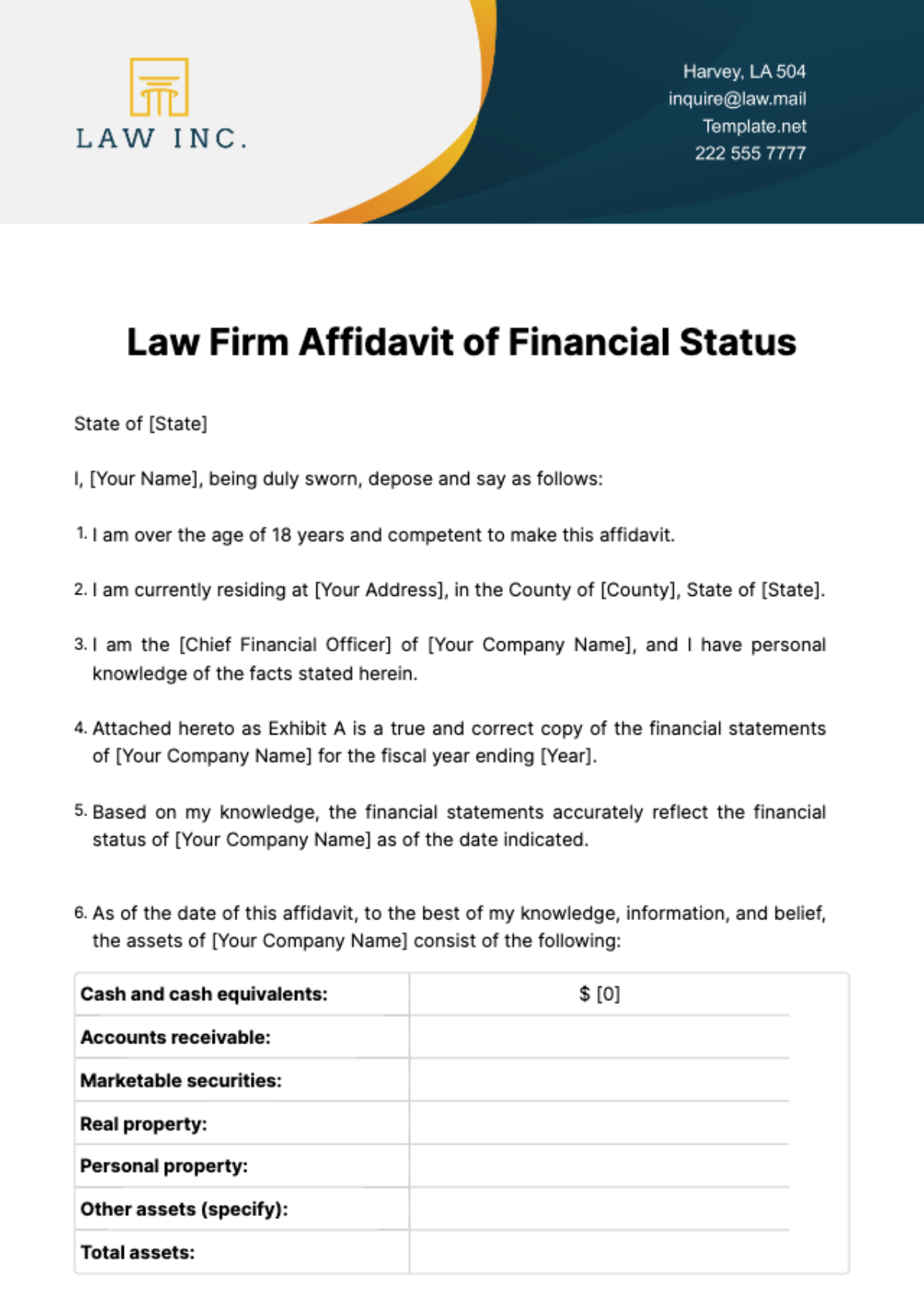 Law Firm Affidavit of Financial Status Template