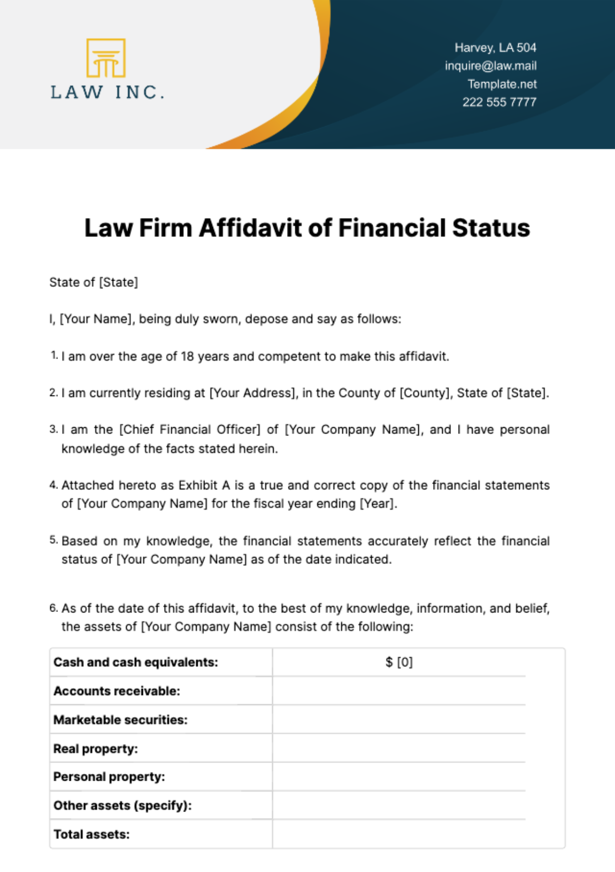 Law Firm Affidavit of Financial Status Template - Edit Online & Download