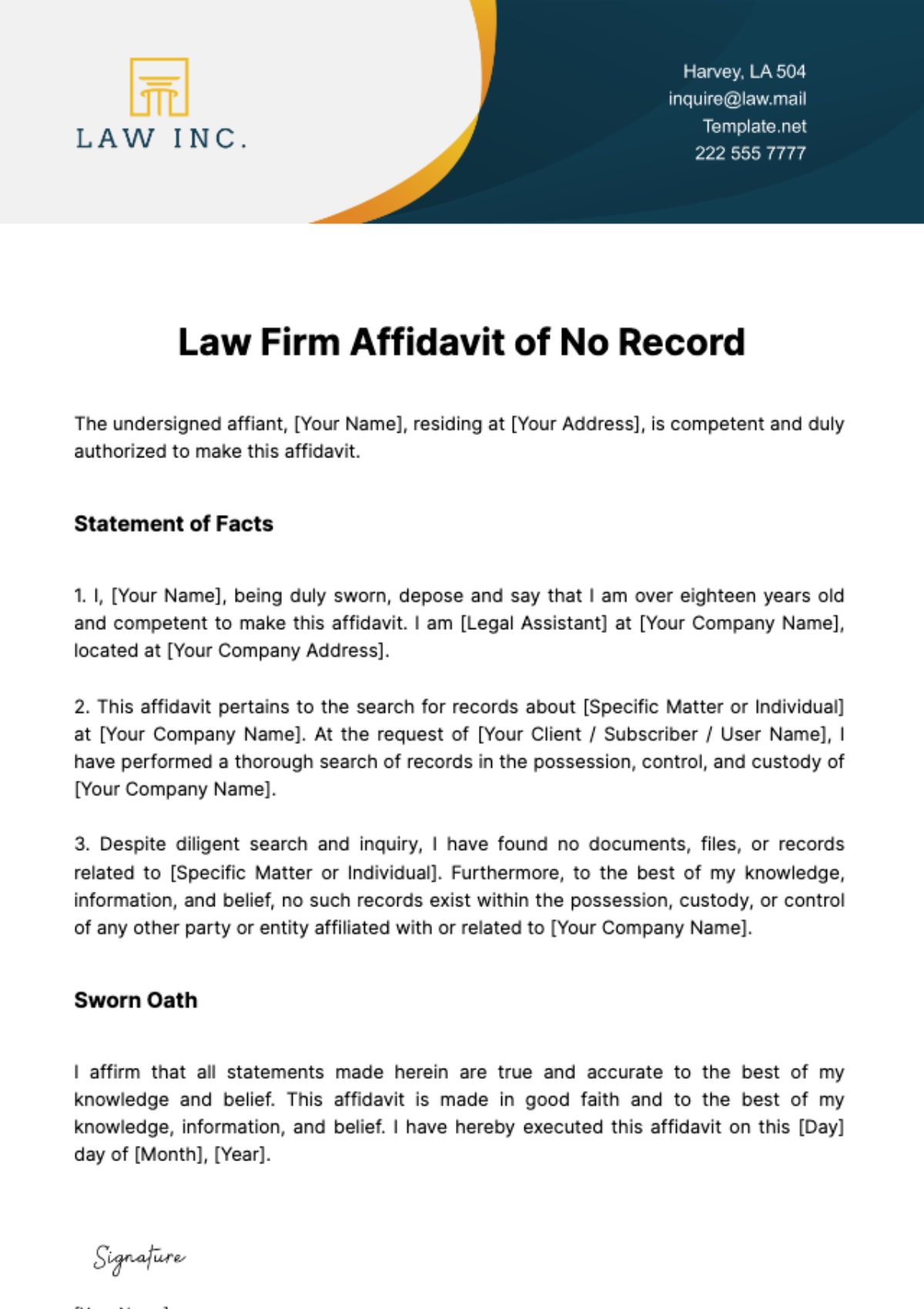 Law Firm Affidavit of No Record Template - Edit Online & Download