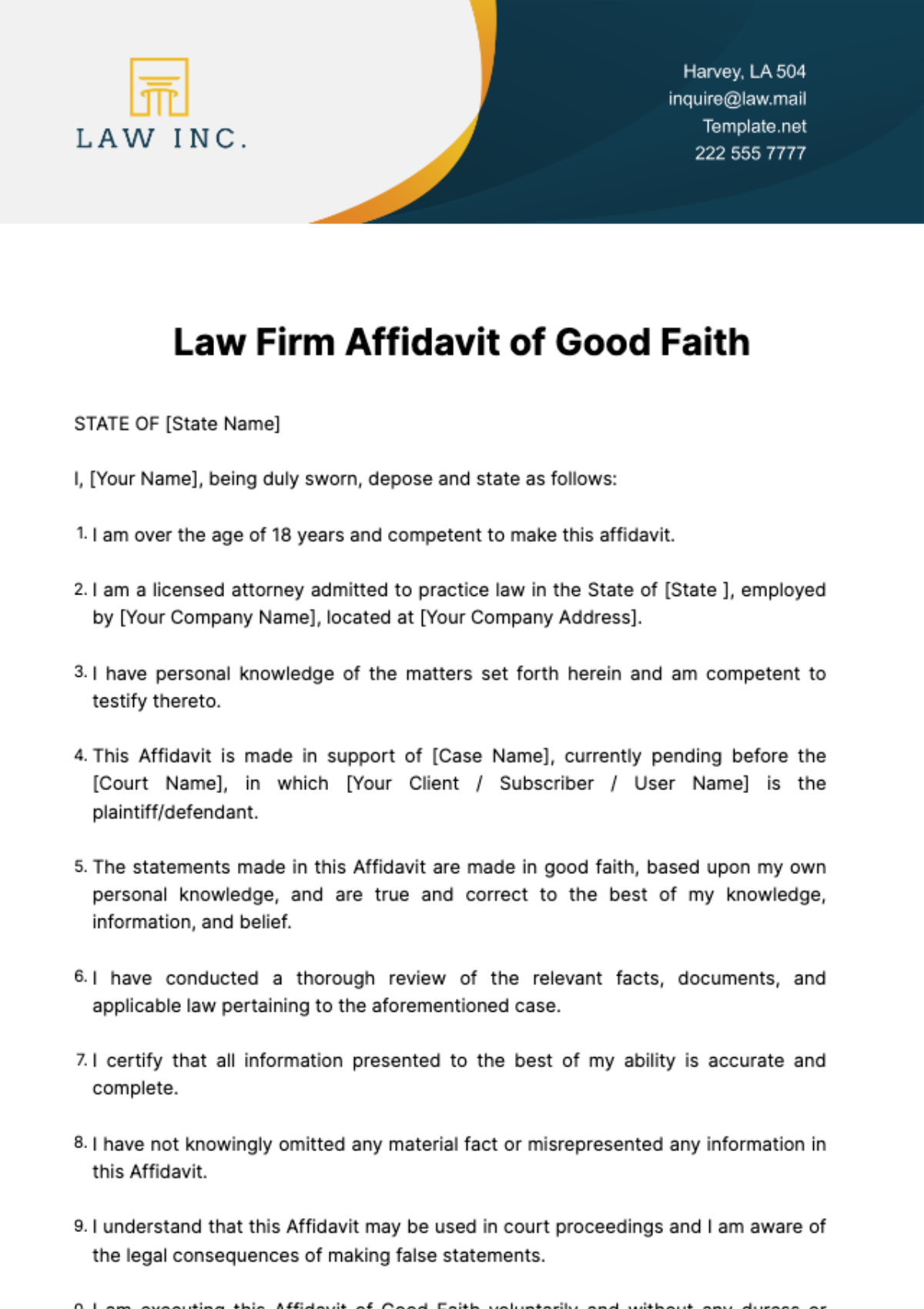 Law Firm Affidavit of Good Faith Template