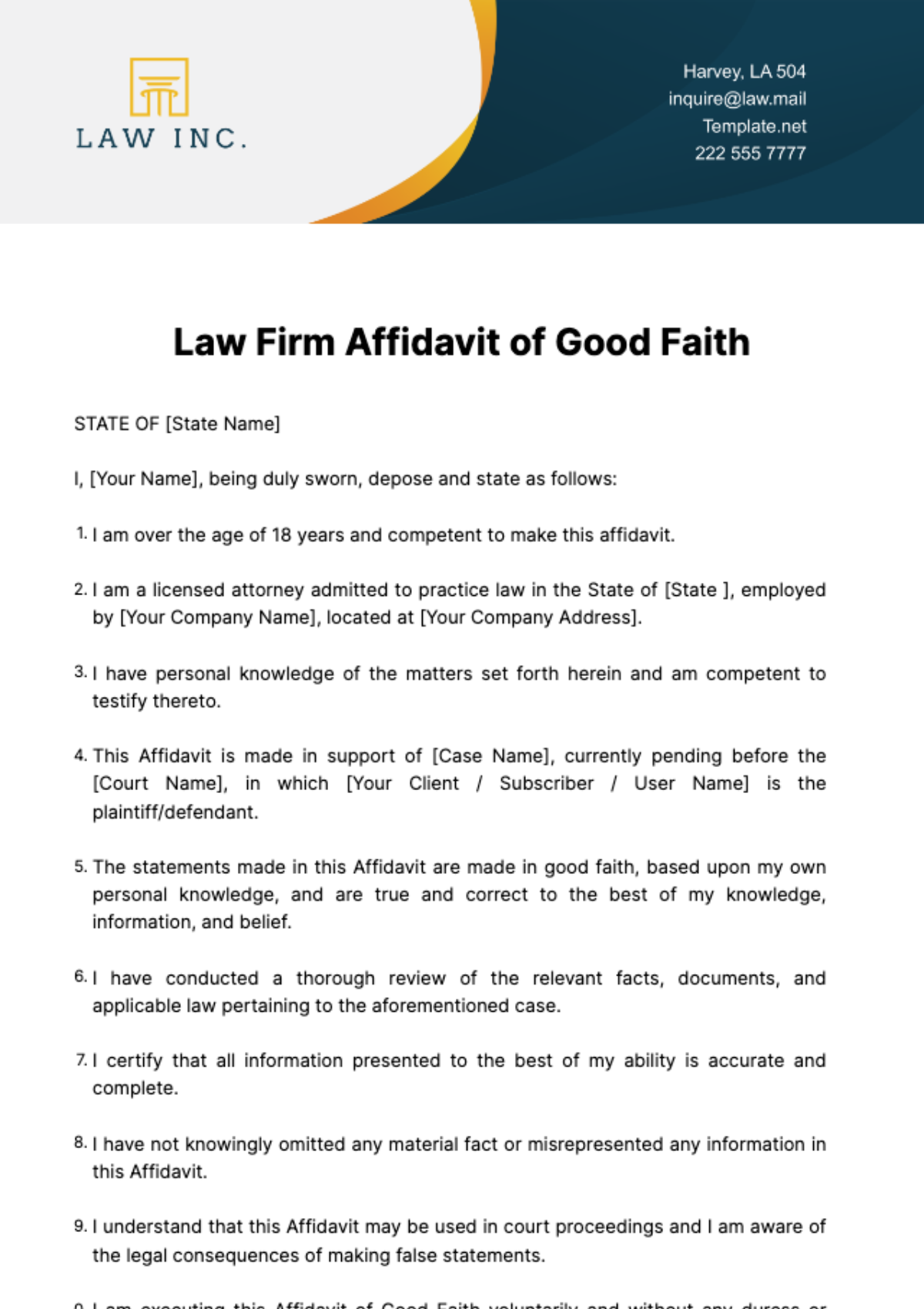 Law Firm Affidavit of Good Faith Template - Edit Online & Download