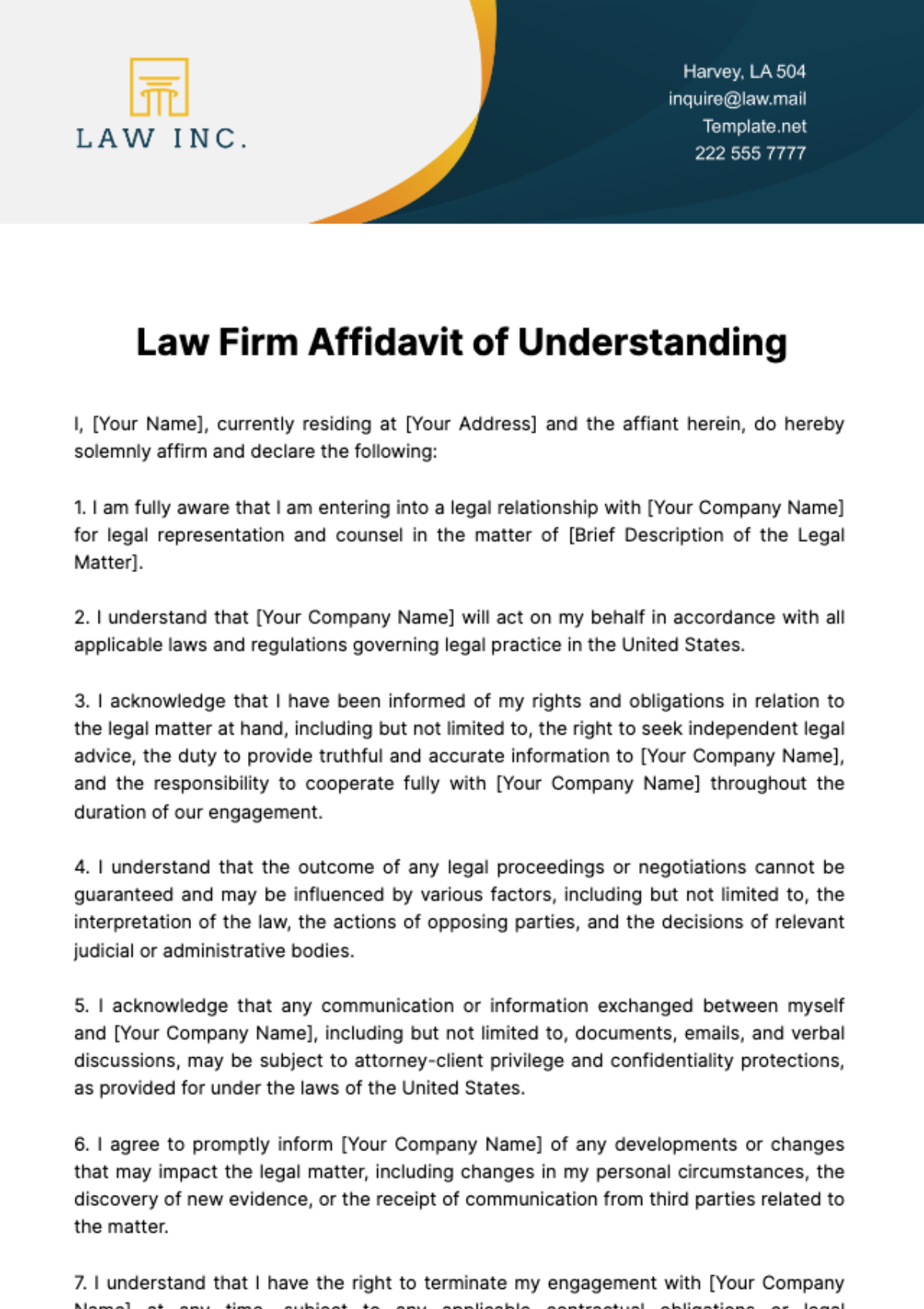 Law Firm Affidavit of Understanding Template - Edit Online & Download