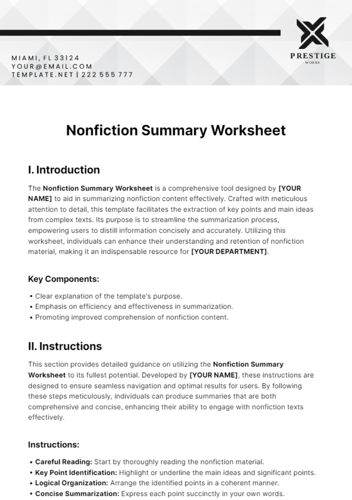 Free Nonfiction Summary Worksheet Template