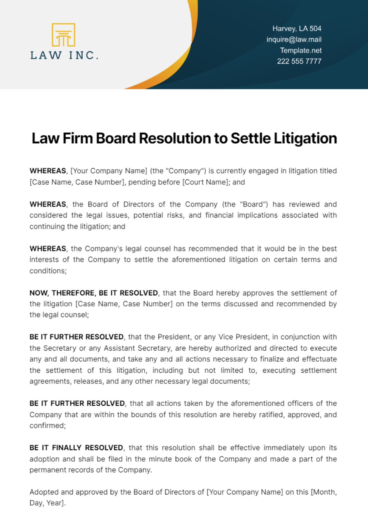 Law Firm Board Resolution to Settle Litigation Template