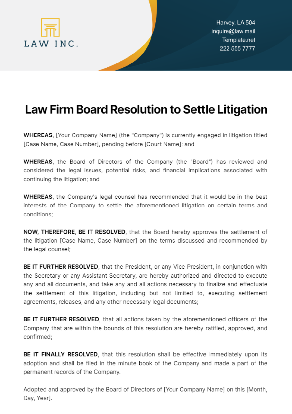 Law Firm Board Resolution to Settle Litigation Template - Edit Online & Download