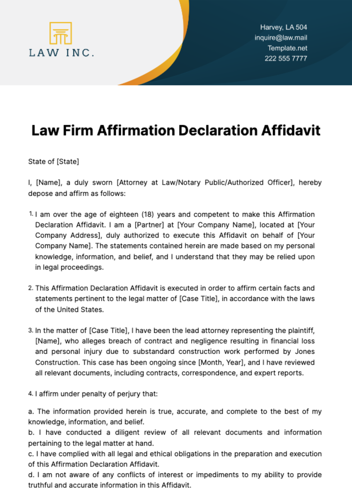 Law Firm Affirmation Declaration Affidavit Template - Edit Online & Download