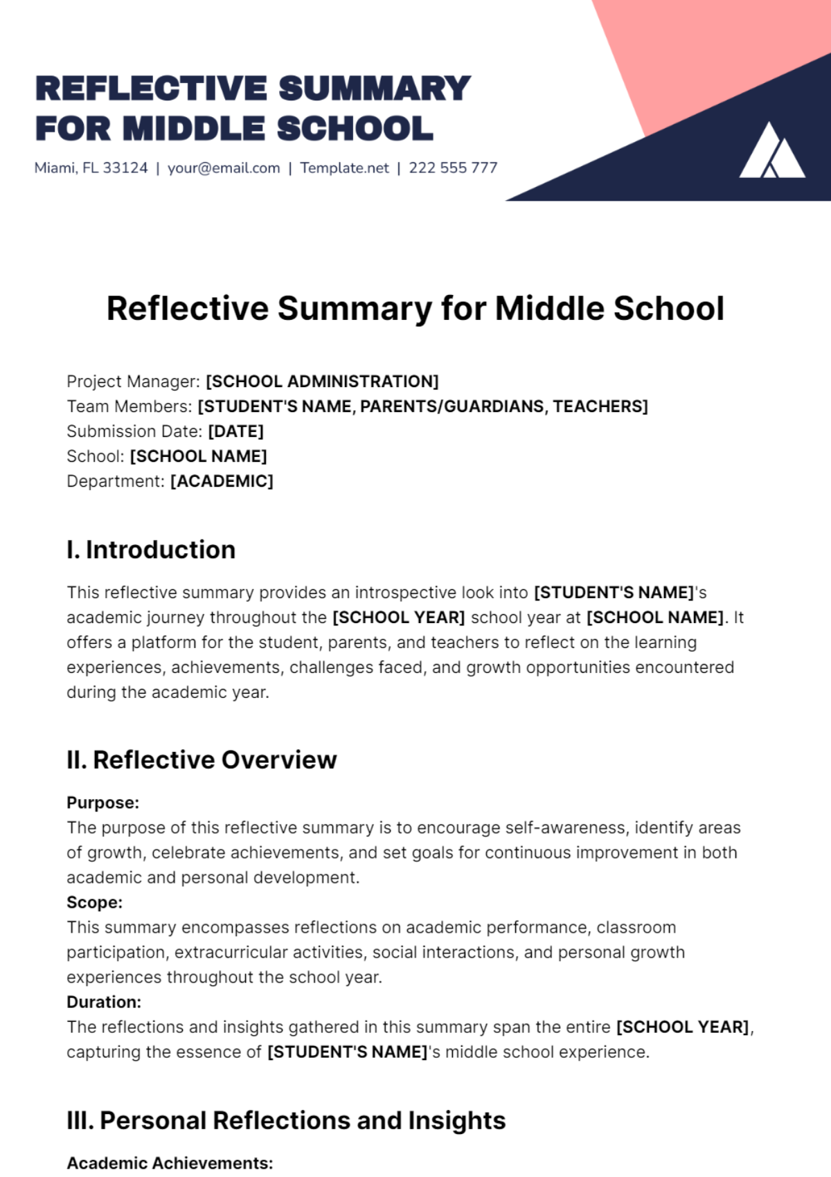 Reflective Summary for Middle School Template