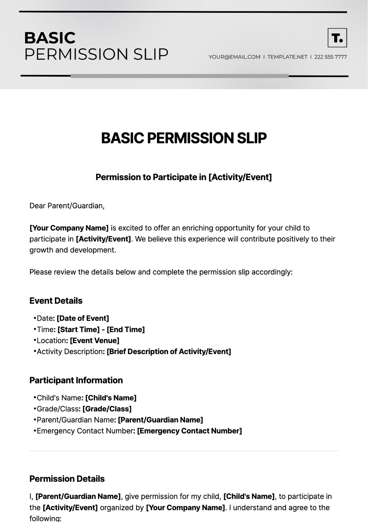 Basic Permission Slip Template