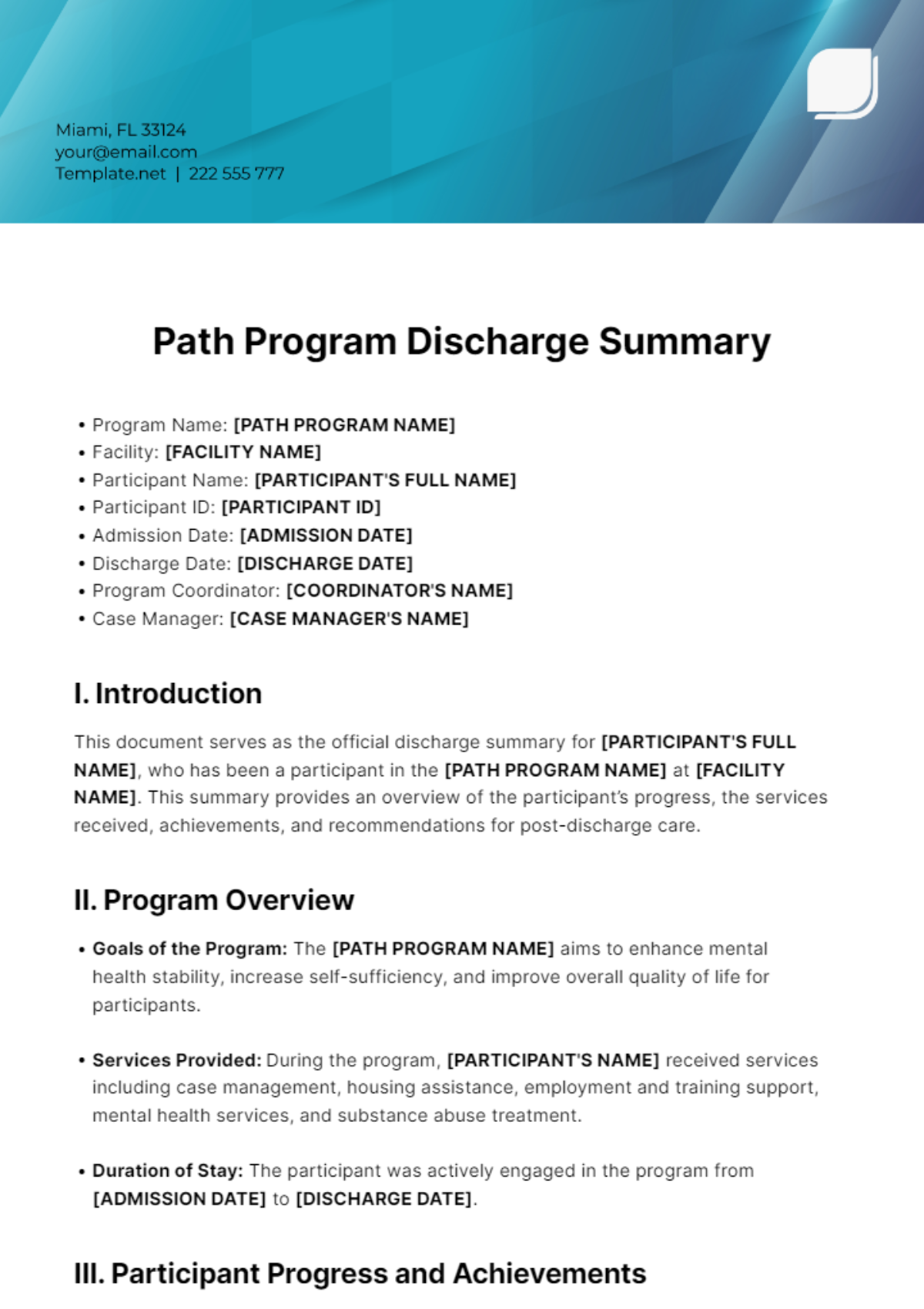 Free Path Program Discharge Summary Template
