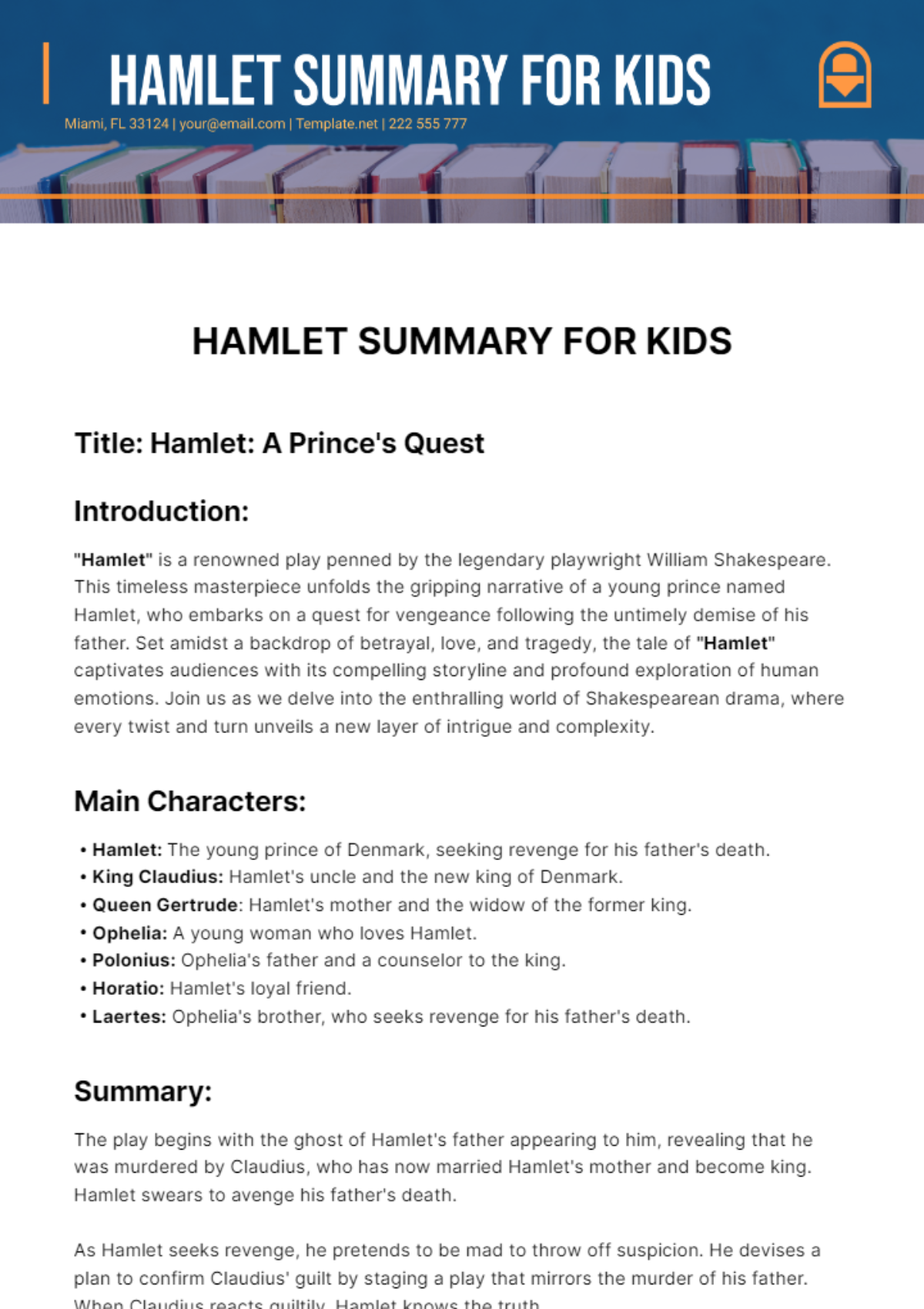 hamlet summary for kids Template - Edit Online & Download