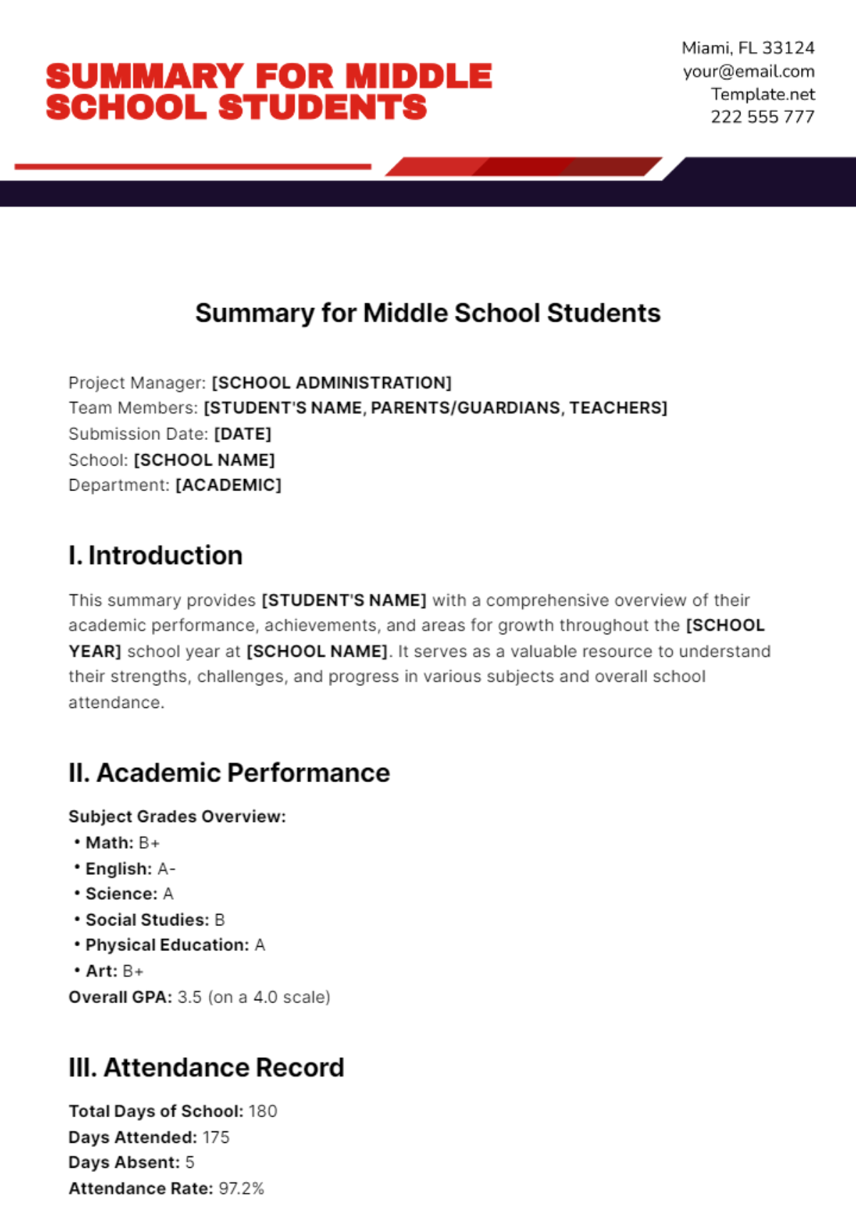 Summary for Middle School Students Template - Edit Online & Download