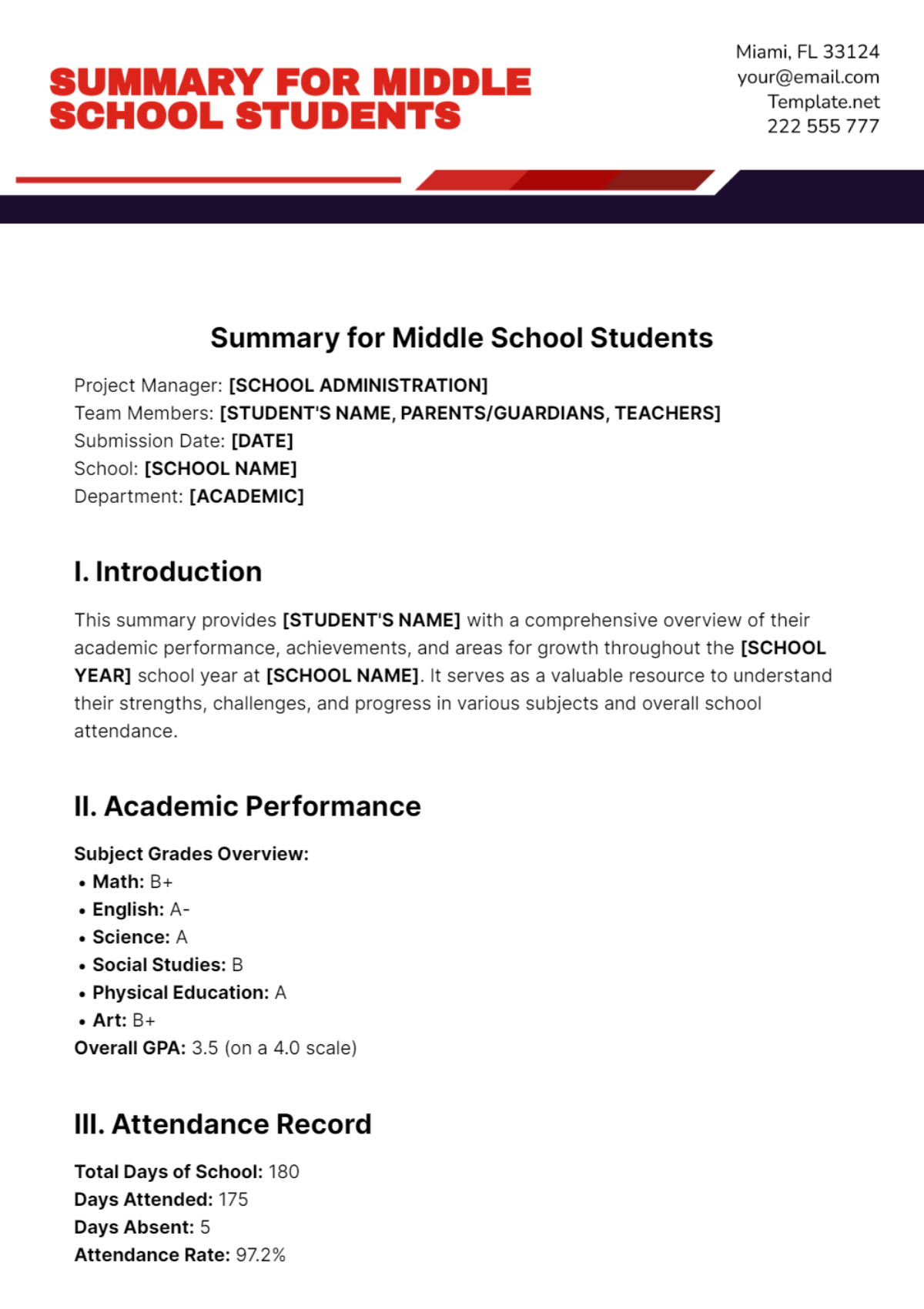 Summary for Middle School Students Template