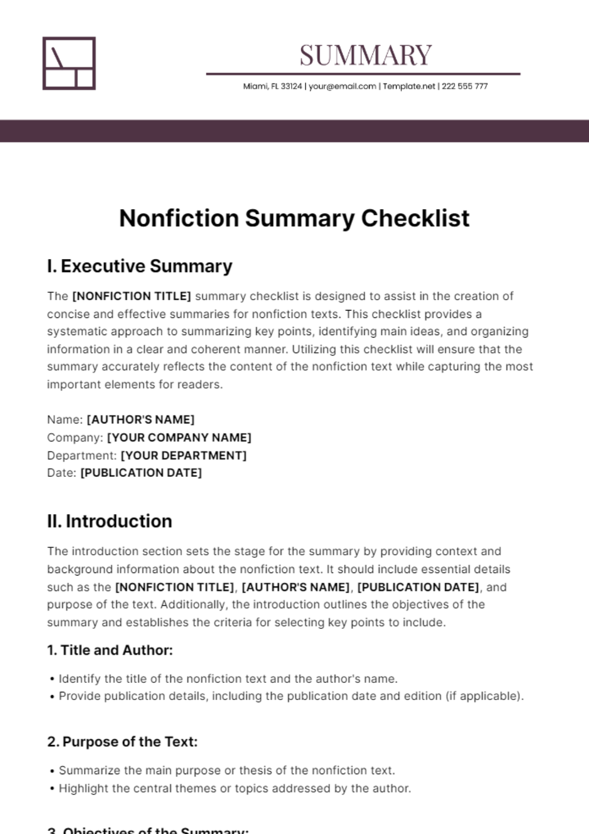 Nonfiction Summary Checklist Template