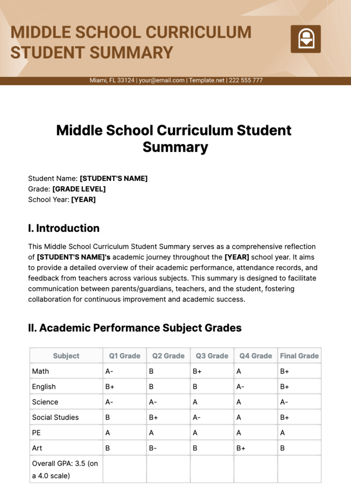 Middle School Curriculum Student Summary Template