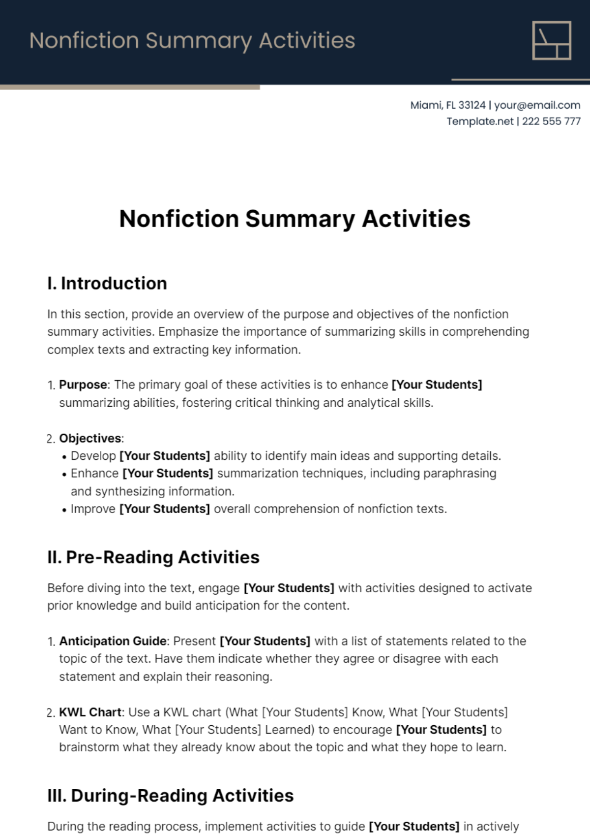 Free Nonfiction Summary Activities Template