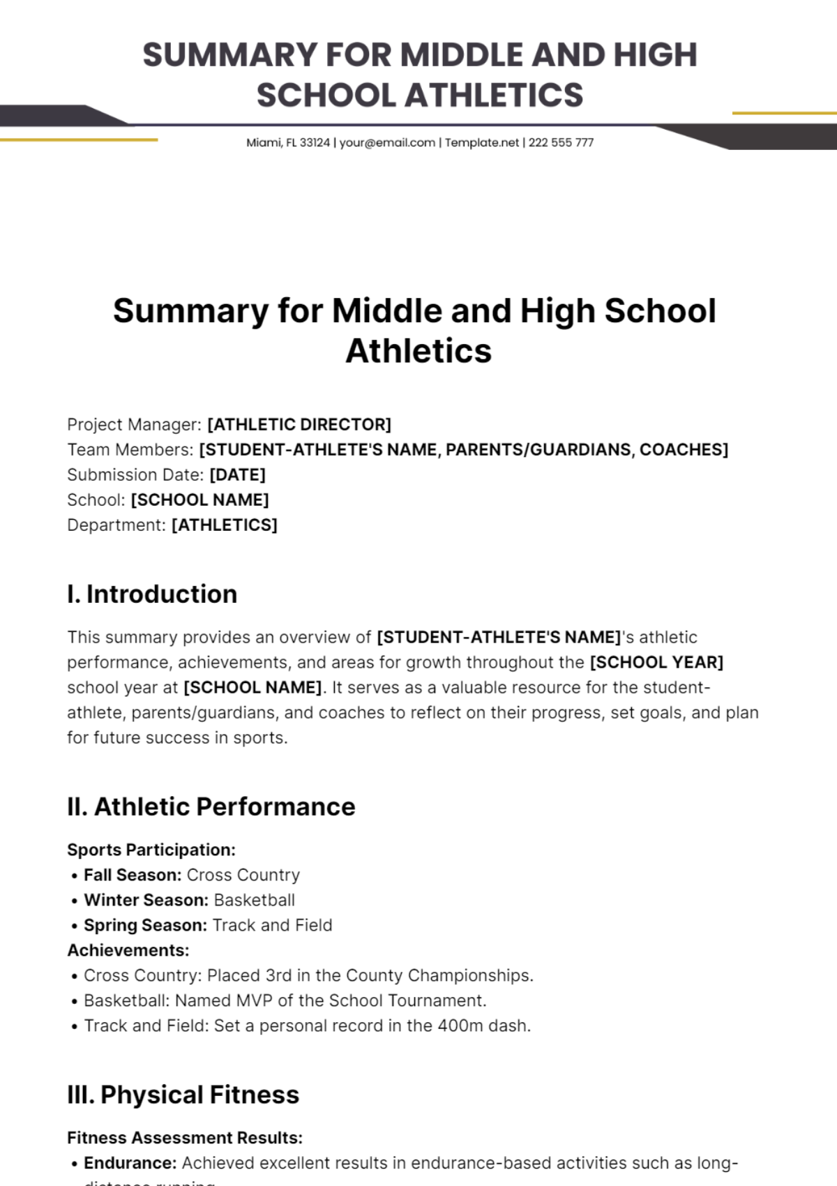 Summary for Middle and High School Athletics Template