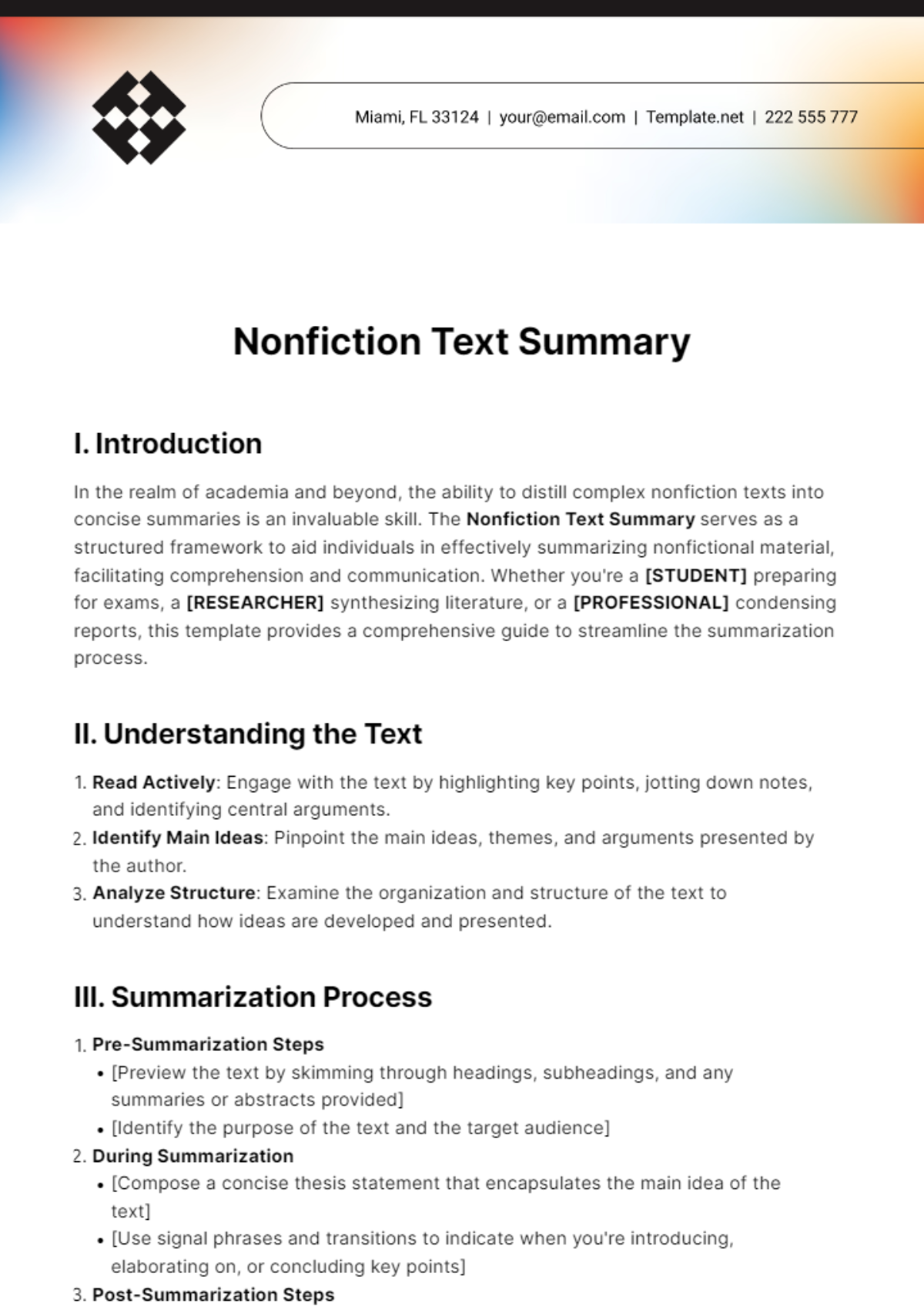 Free Nonfiction Text Summary Template