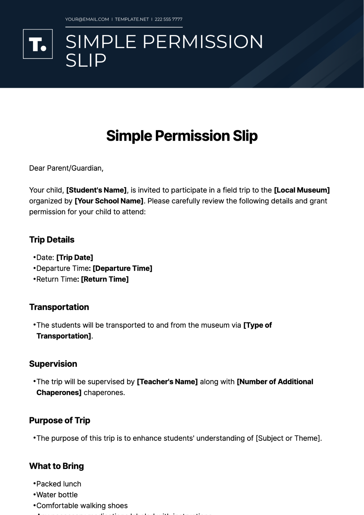 Simple Permission Slip Template