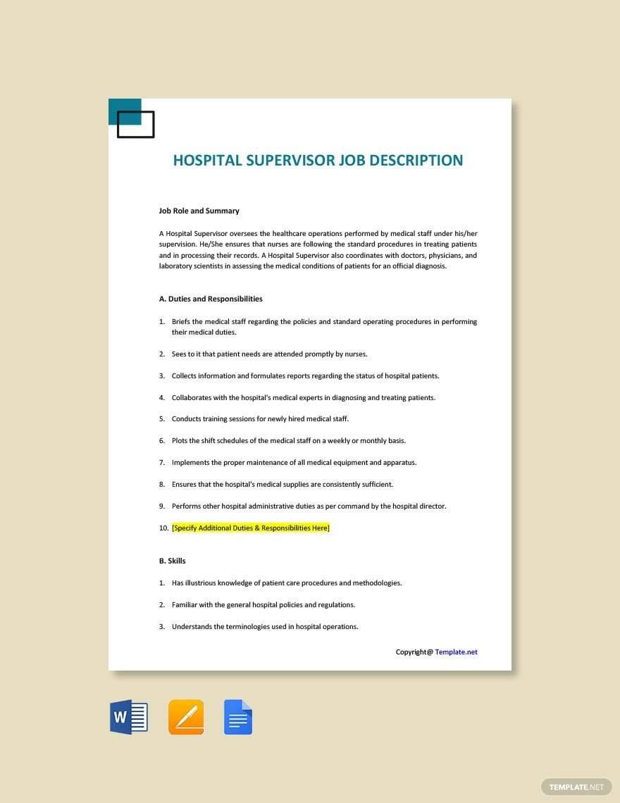 Free Hospital Supervisor Job Ad/Description Template