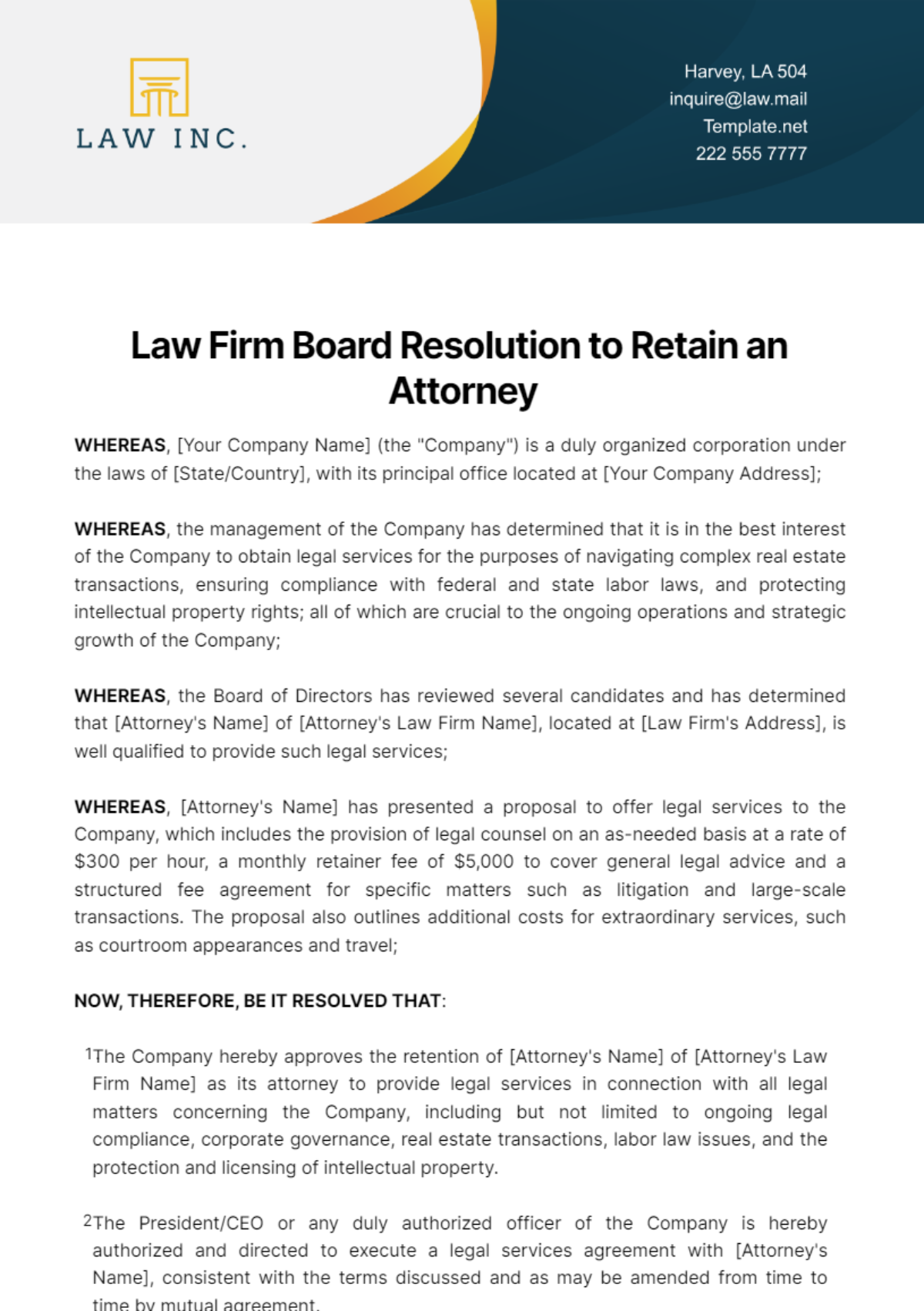 Law Firm Board Resolution to Retain an Attorney Template