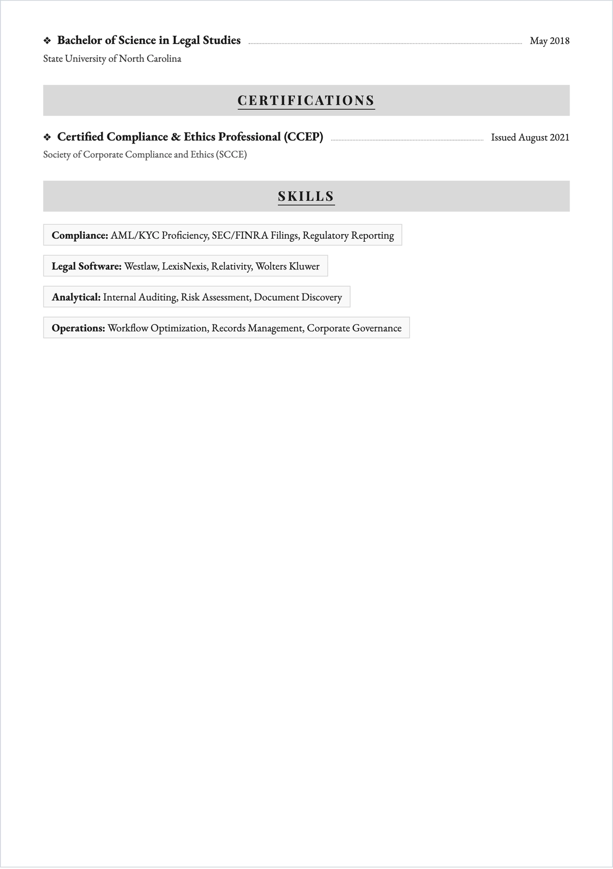 Free Compliance Paralegal ATS Resume Template, AI Resume Builder