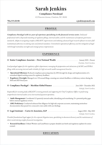 Free Compliance Paralegal ATS Resume Template, AI Resume Builder